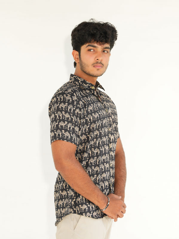Men's Half Sleeve Camel Printed Cotton Shirt – black