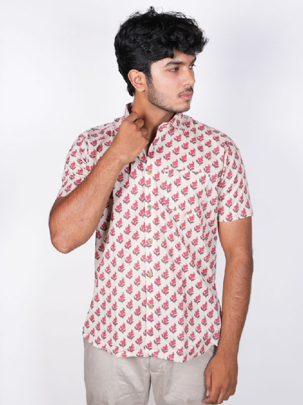 Men's Short Sleeve Floral Printed Cotton Shirt – Off White & Red