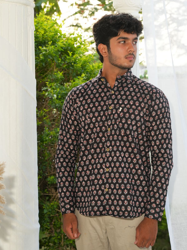 Men's Full Sleeve Floral Printed Cotton Shirt – red black white